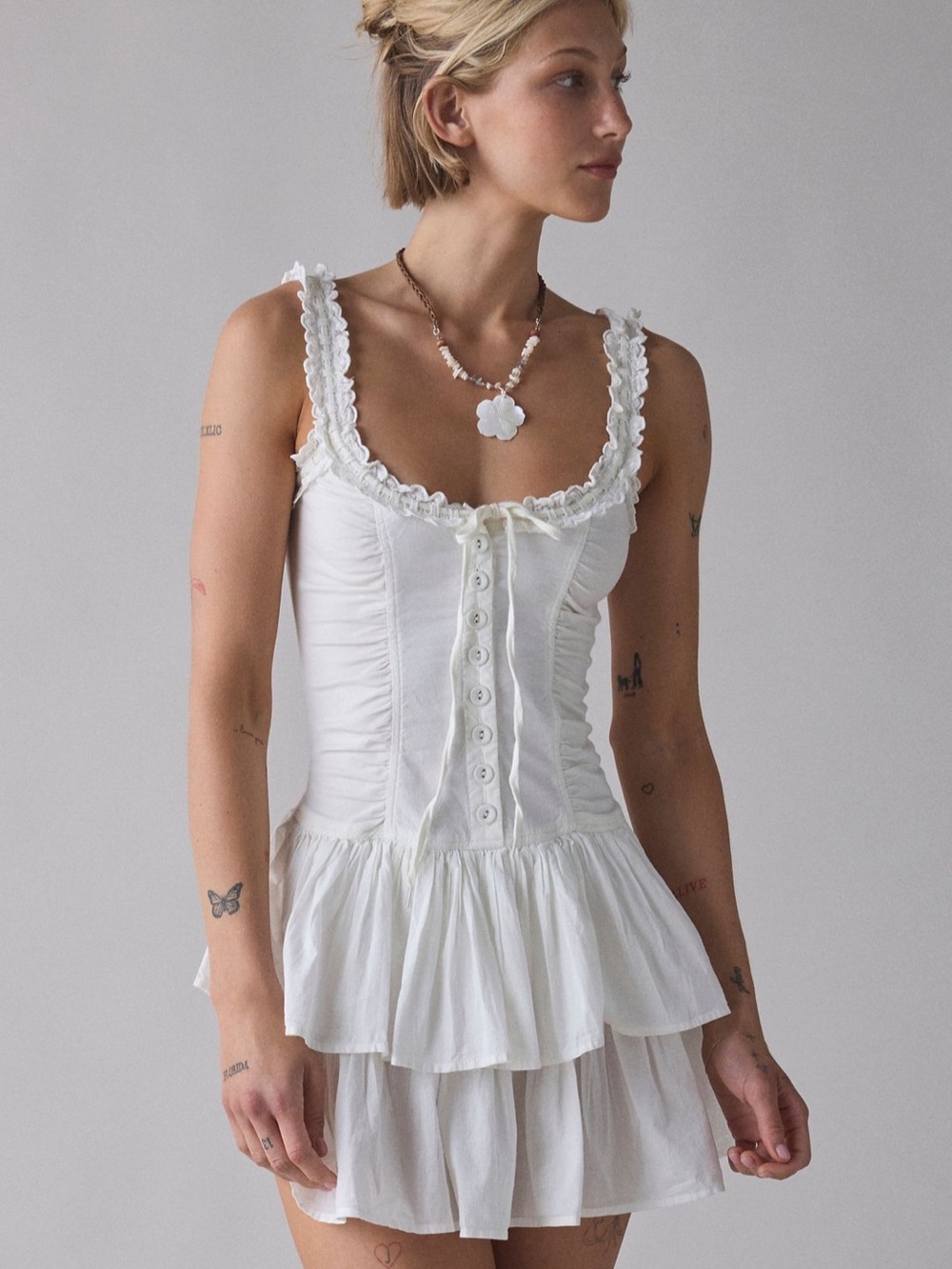 Ecote Olive Ruffled Drop Waist Milkmaid Mini Dress